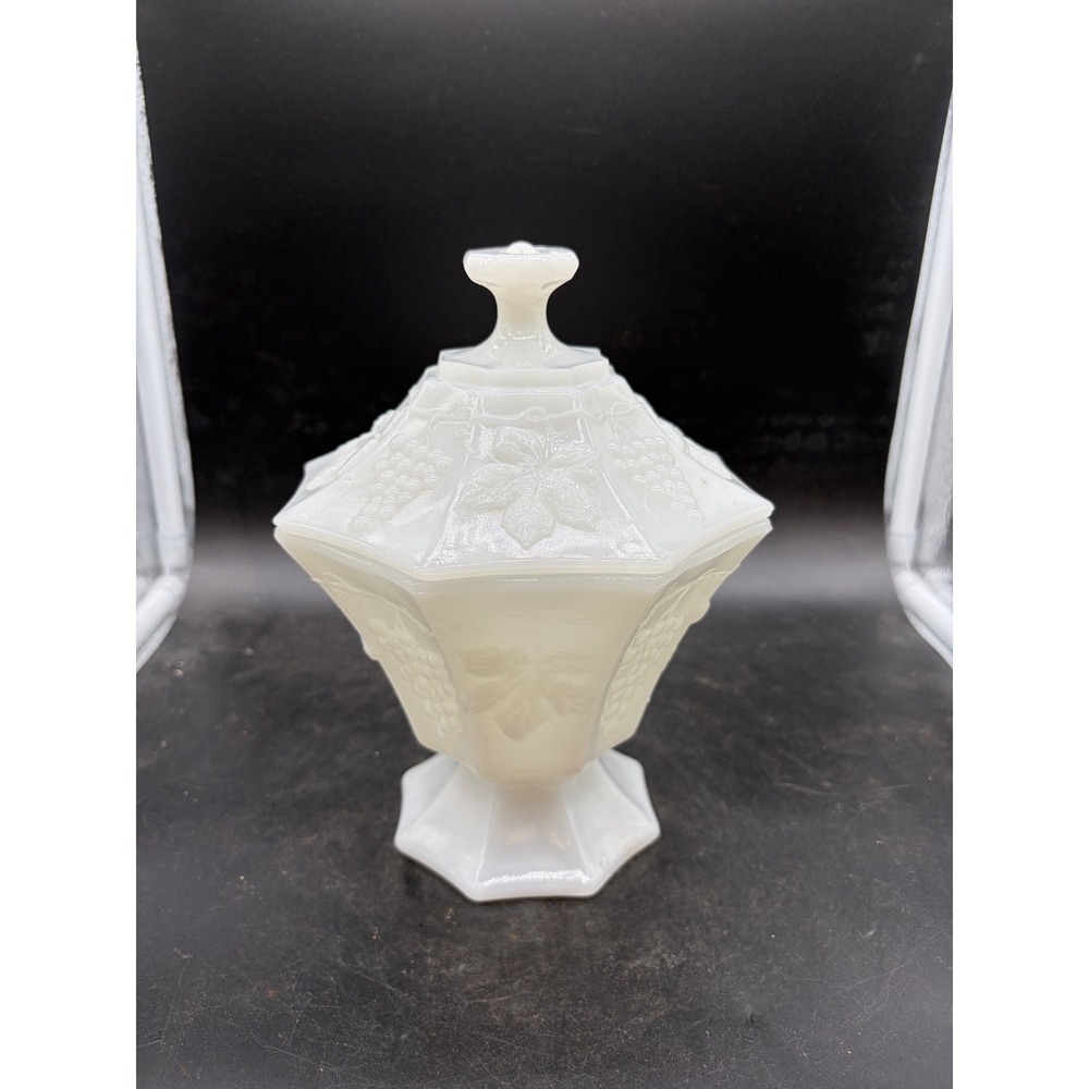 Westmoreland Milk Glass Paneled Grape Candy Dish with Lid Footed Compote Vintage